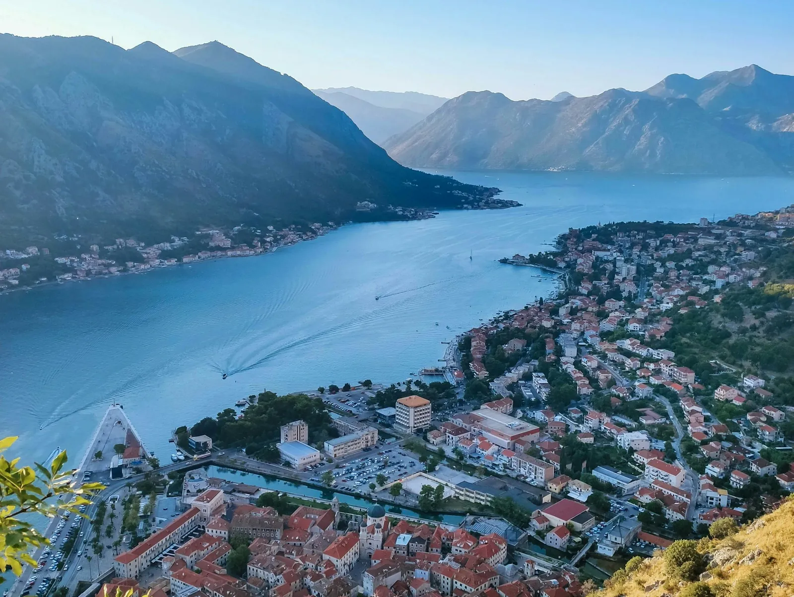 The Bay of Kotor seen from above — a red-roofed town strung along the shoreline, ringed by steep mountains.