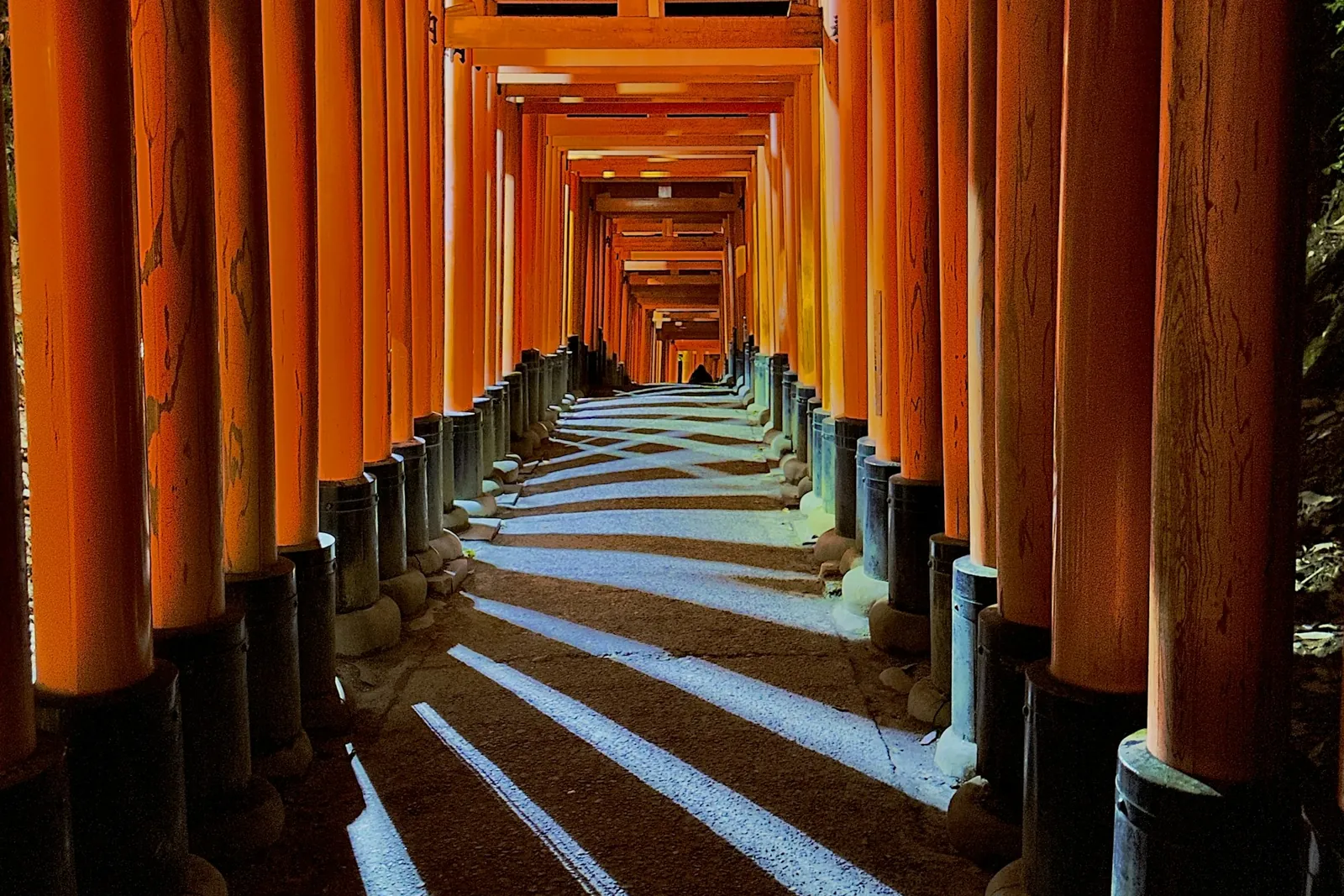 Light falling through the vermilion torii gates at Fushimi Inari shrine in Kyoto.