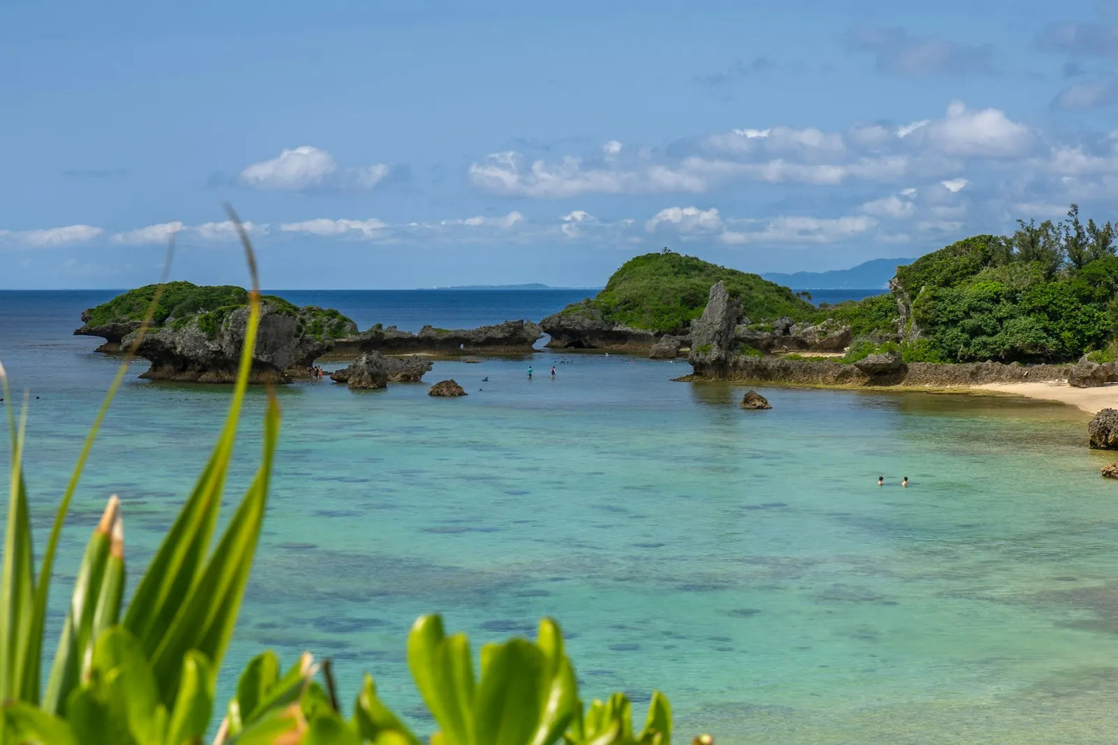 A sheltered turquoise cove on the Okinawan coast, framed by sub-tropical greenery.
